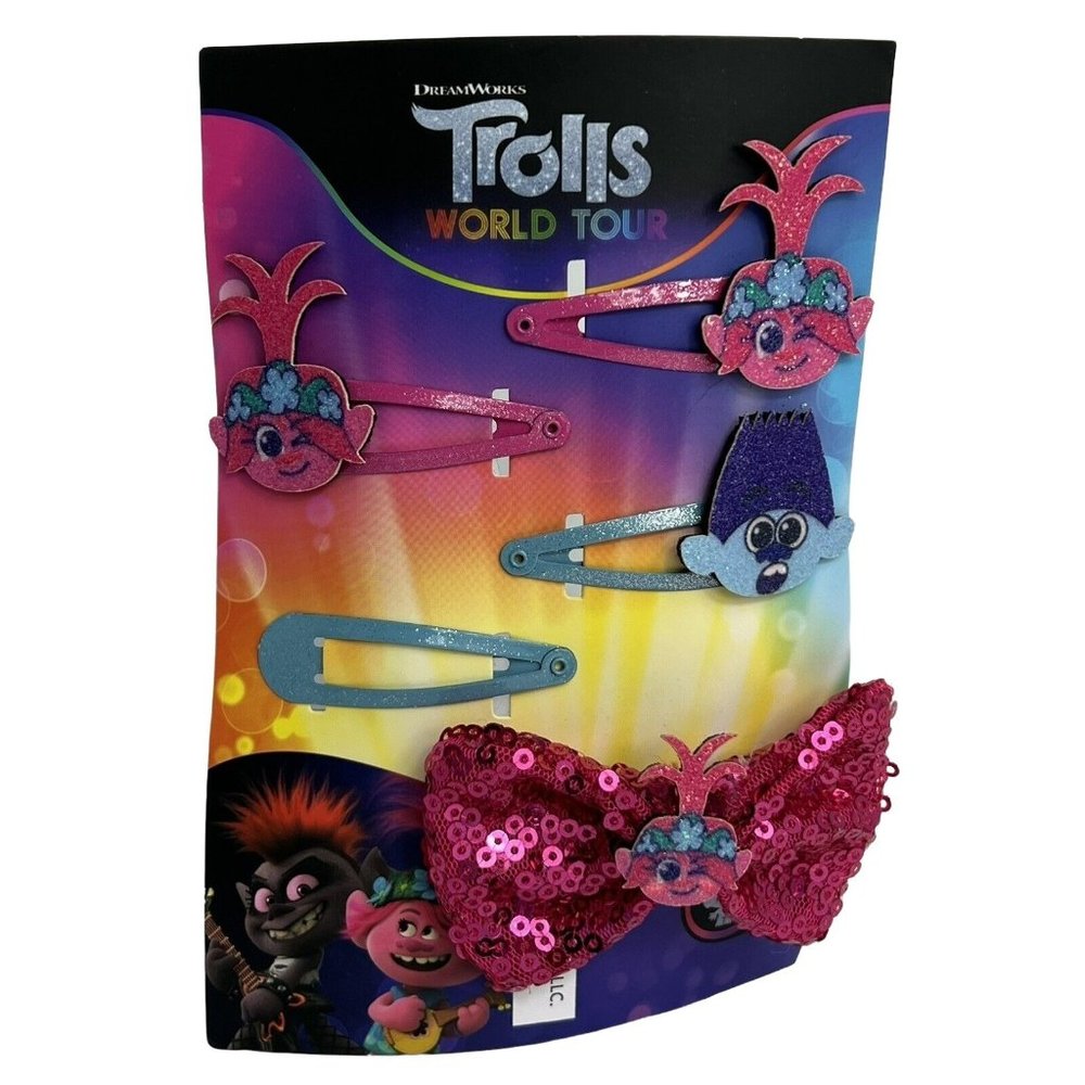 Trolls World Tour Kids Hair Clips Accessories 5 Pieces Pink Blue Dream Works New